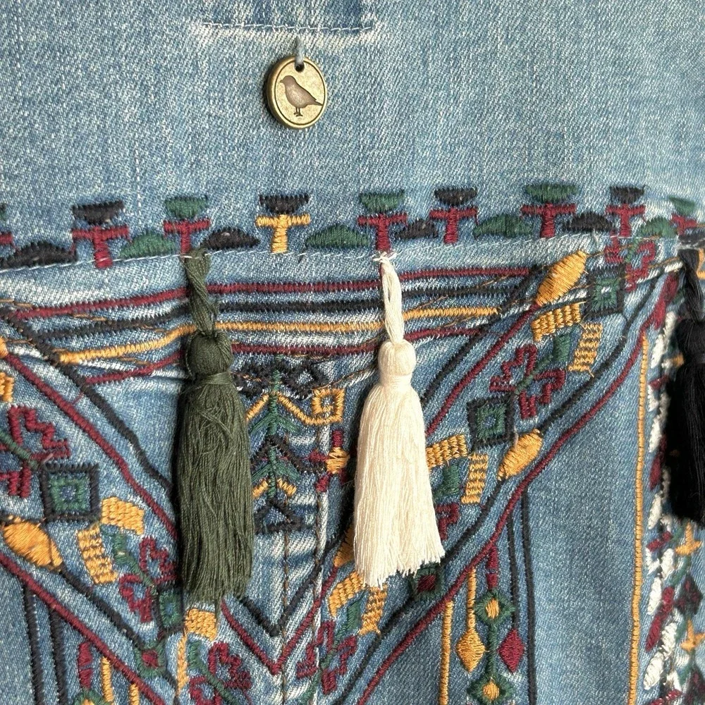 Greenfield Denim Jacket L Boho Festival Indie Western Embroidered Aztec Tassel‎